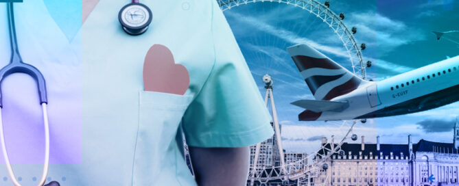 Collage: Health Care Worker, BA plane, and the London Eye