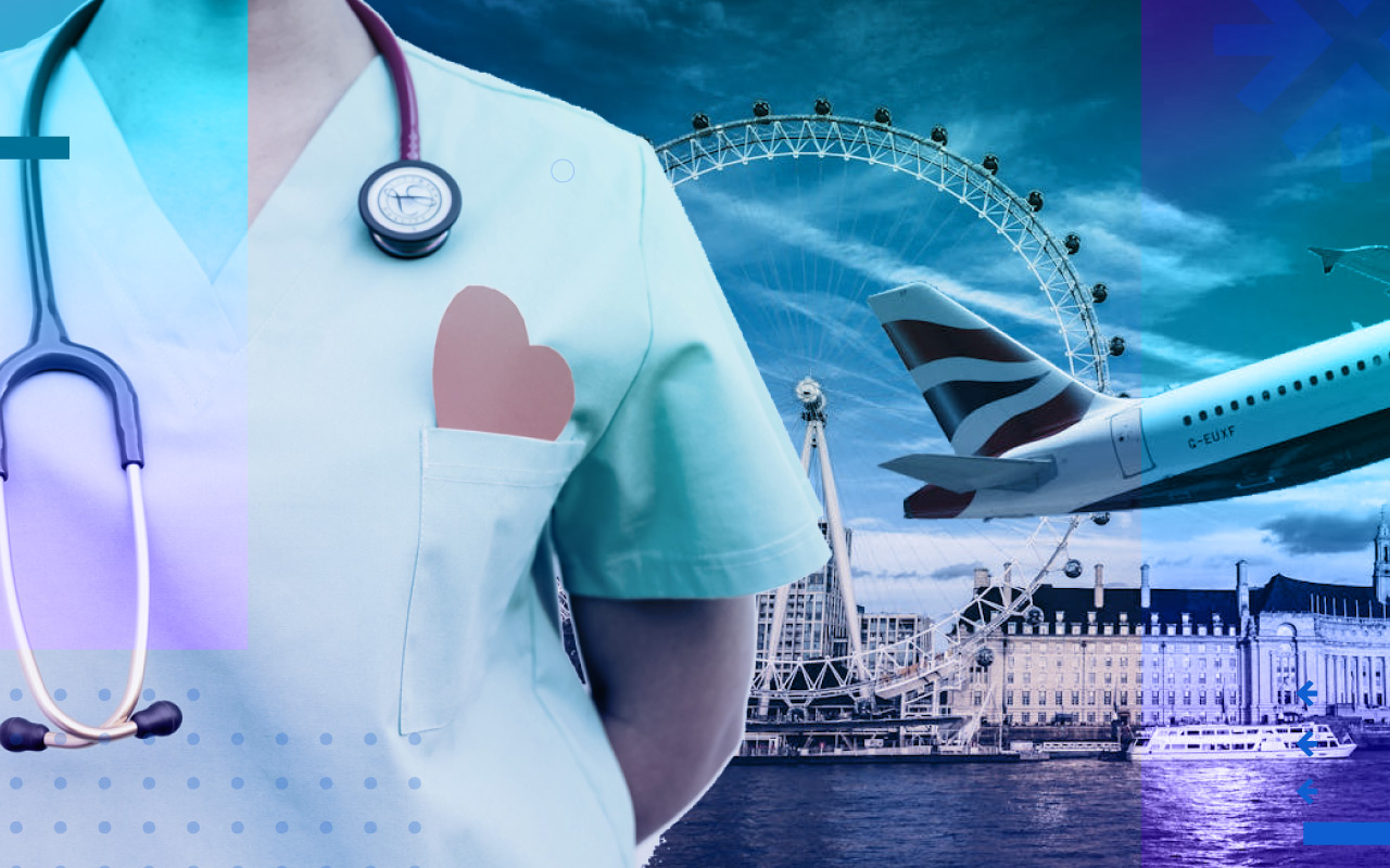 Collage: Health Care Worker, BA plane, and the London Eye